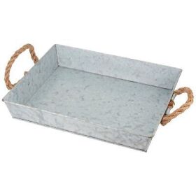 Benzara Mix Media Galvanized Tray With Rope Handles, Gray